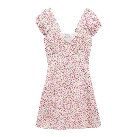 Zara Linen Blend White & Pink Floral Mini Dress Size Medium - Picture 5 of 9